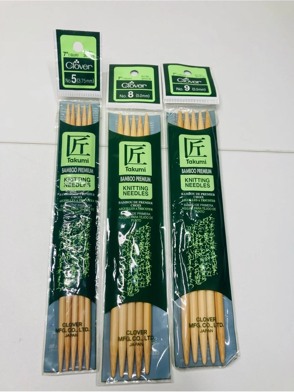 1 Sealed + 2 Clover Takumi Double-Pointed Bamboo Knitting Needles sizes 5, 8, 9